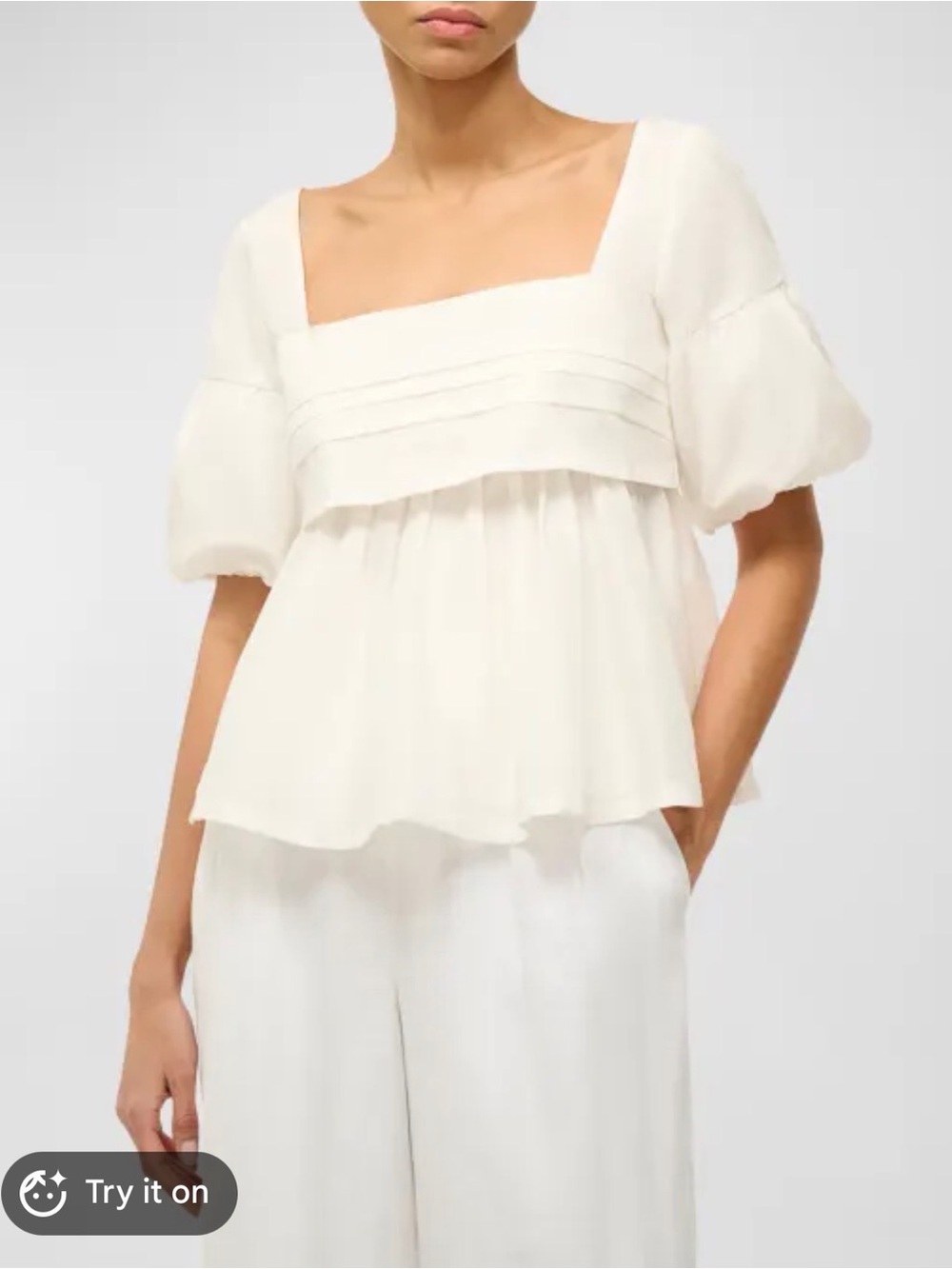 STAUD White Darla Blouse XS Square-Neck Puff Sleeve babydoll